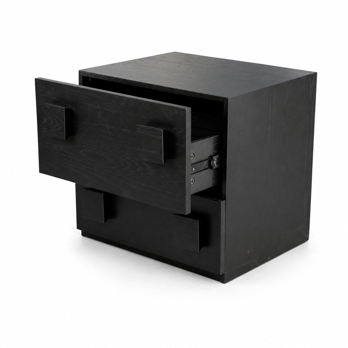 Velador de Madera Sólida Negro Moderno, Mesa de Noche Minimalista con 2 Cajones, Mesa Auxiliar con Tiradores Cuadrados para Dormitorio