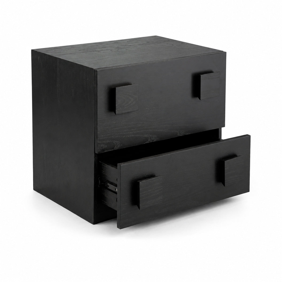 Velador de Madera Sólida Negro Moderno, Mesa de Noche Minimalista con 2 Cajones, Mesa Auxiliar con Tiradores Cuadrados para Dormitorio
