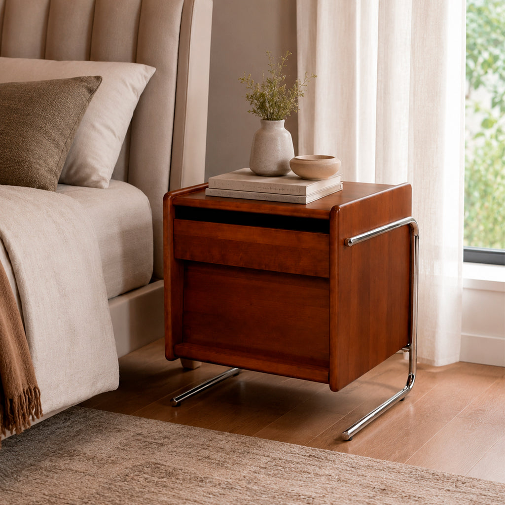 Mesita de Noche de Madera Maciza con Patas Metálicas y Repisa Abierta, Mesa Auxiliar para Recámara y Sala