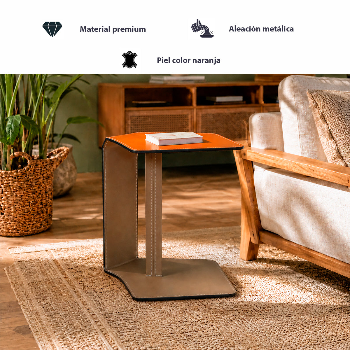 Mesa Lateral de Piel de Diseño Geométrico de Lujo Ligero, Mesa Auxiliar Tipo C Minimalista para Sala y Dormitorio