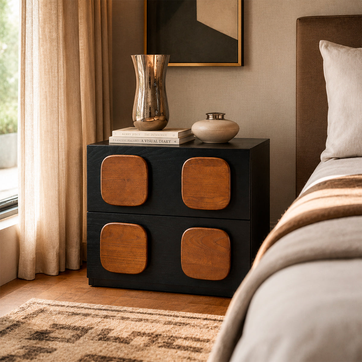 Mesa de Noche de Estilo Vintage con Dos Cajones, Gabinete de Almacenamiento para Dormitorio, Mueble Minimalista de Madera