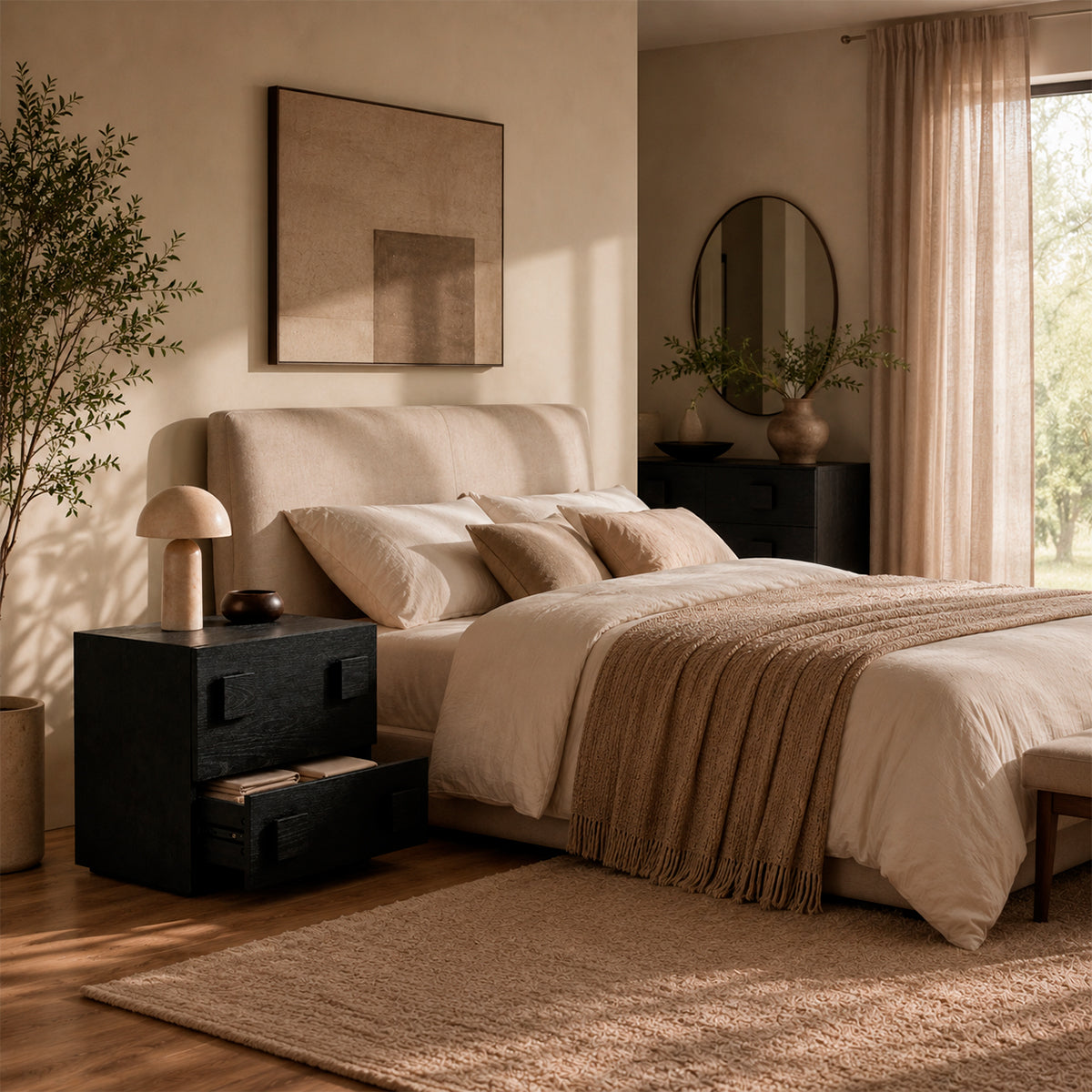Velador de Madera Sólida Negro Moderno, Mesa de Noche Minimalista con 2 Cajones, Mesa Auxiliar con Tiradores Cuadrados para Dormitorio