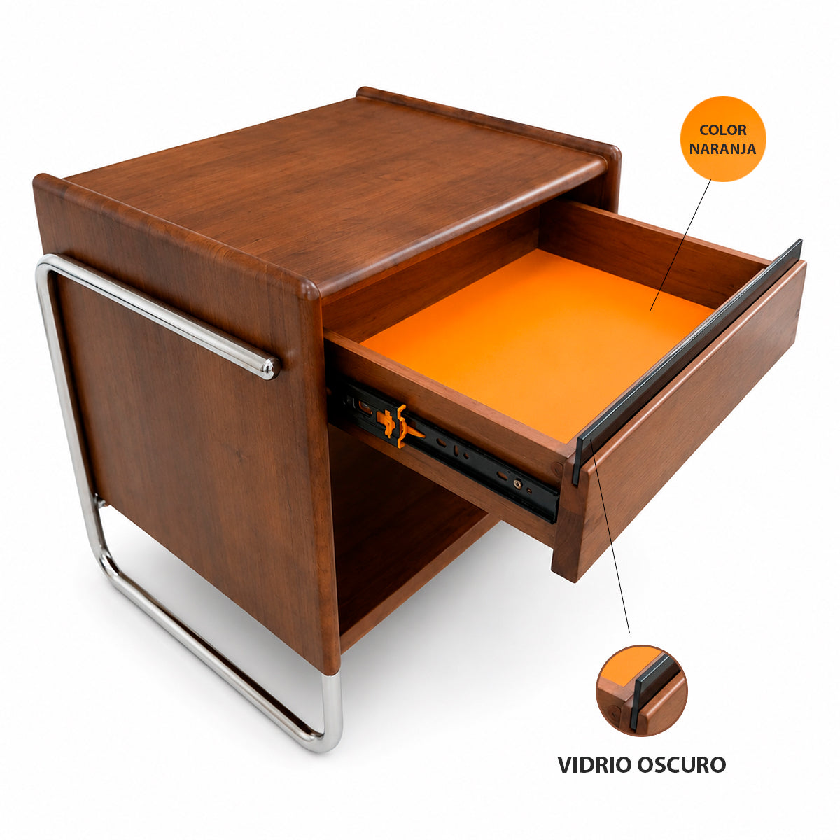 Mesita de Noche de Madera Maciza con Patas Metálicas y Repisa Abierta, Mesa Auxiliar para Recámara y Sala