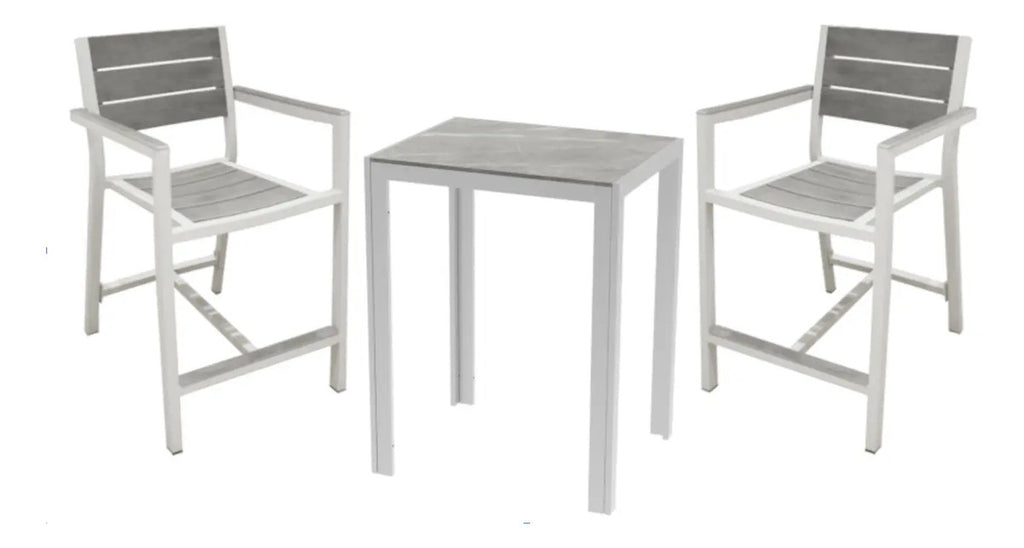 Juego De Comedor Exterior Estilo Bar Mesa Y 2 Bancos Grises