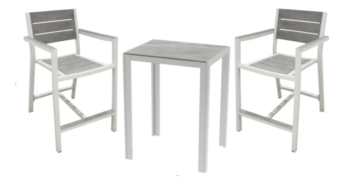 Juego De Comedor Exterior Estilo Bar Mesa Y 2 Bancos Grises