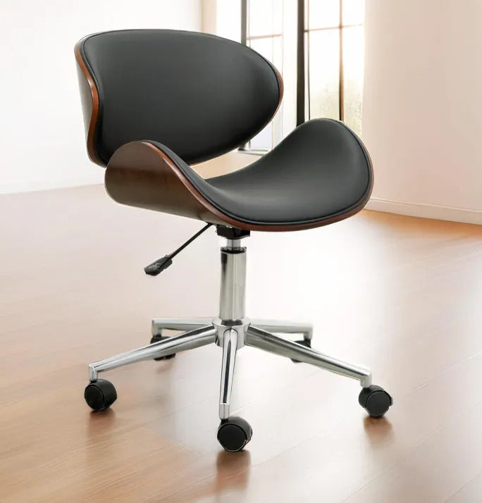 Silla Oficina 2 Pz Moderna Giratoria Respaldo Madera Cromada
