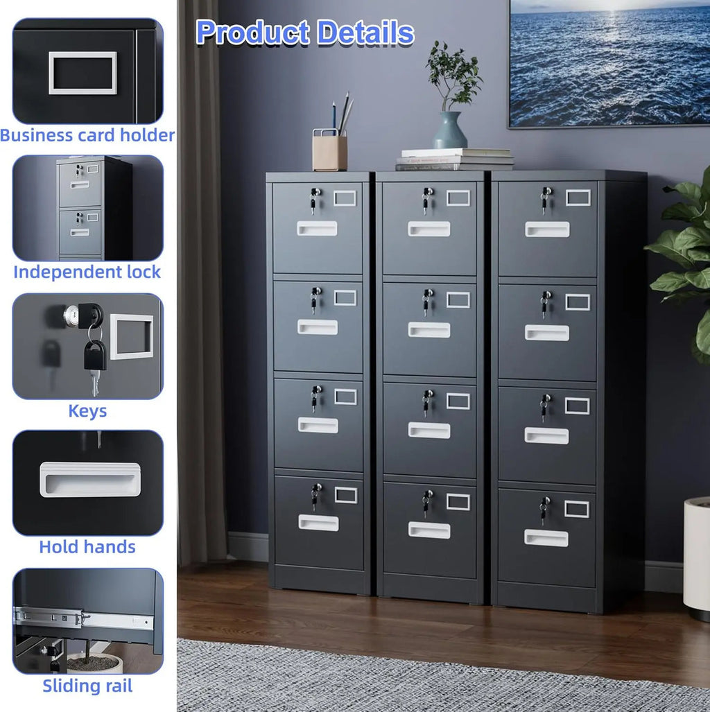 Archivero 4 Cajones Metal Negro Vertical Cierre Seguridad