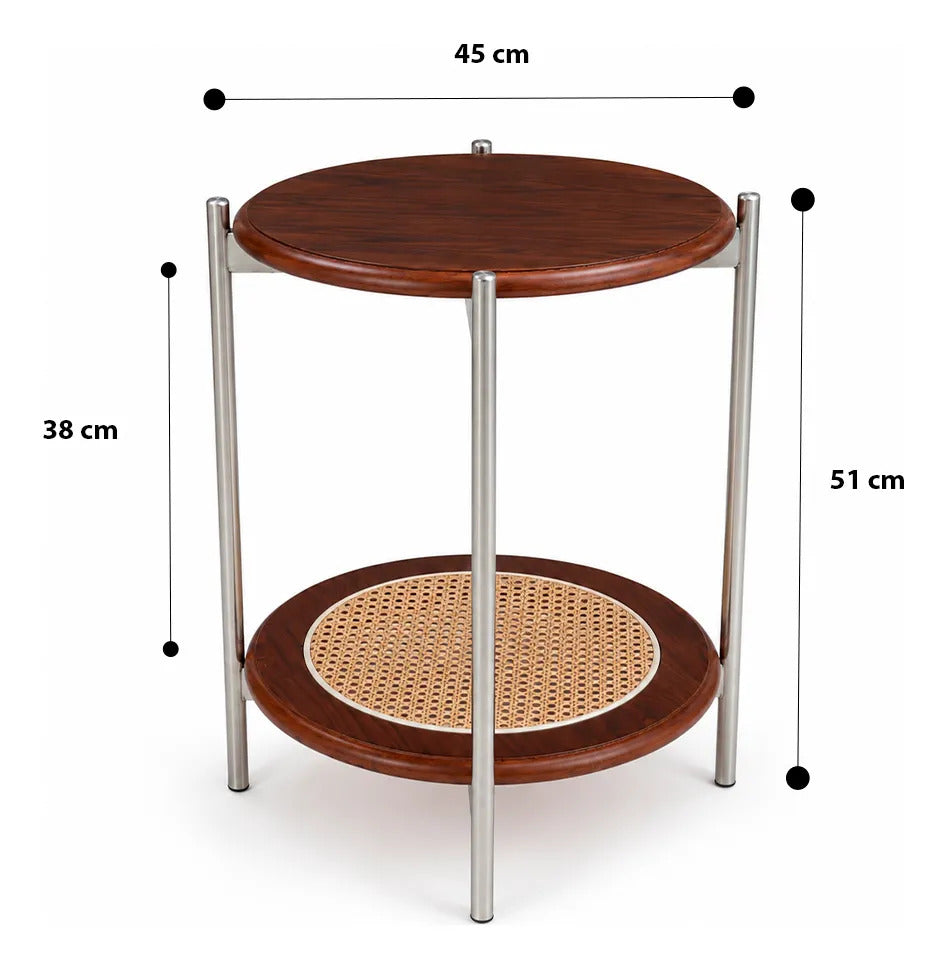 Mesa De Centro Redonda Madera Dos Niveles Tejido Pvc Chica