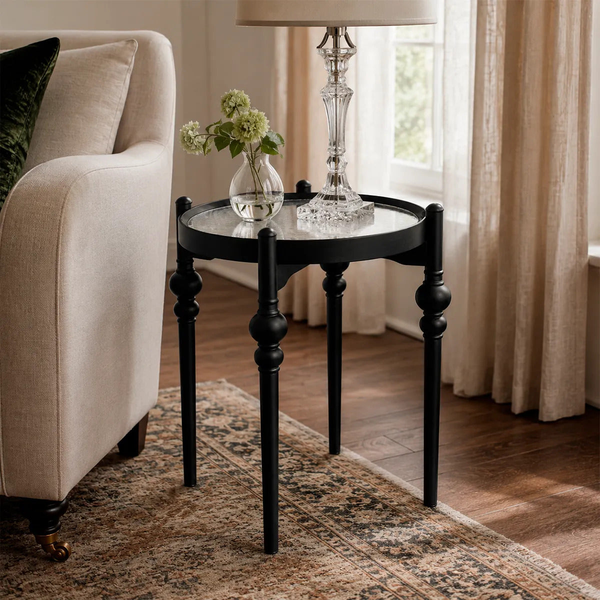 Mesa Vintage Madera Negra Vidrio Acanalado Redonda Elegante