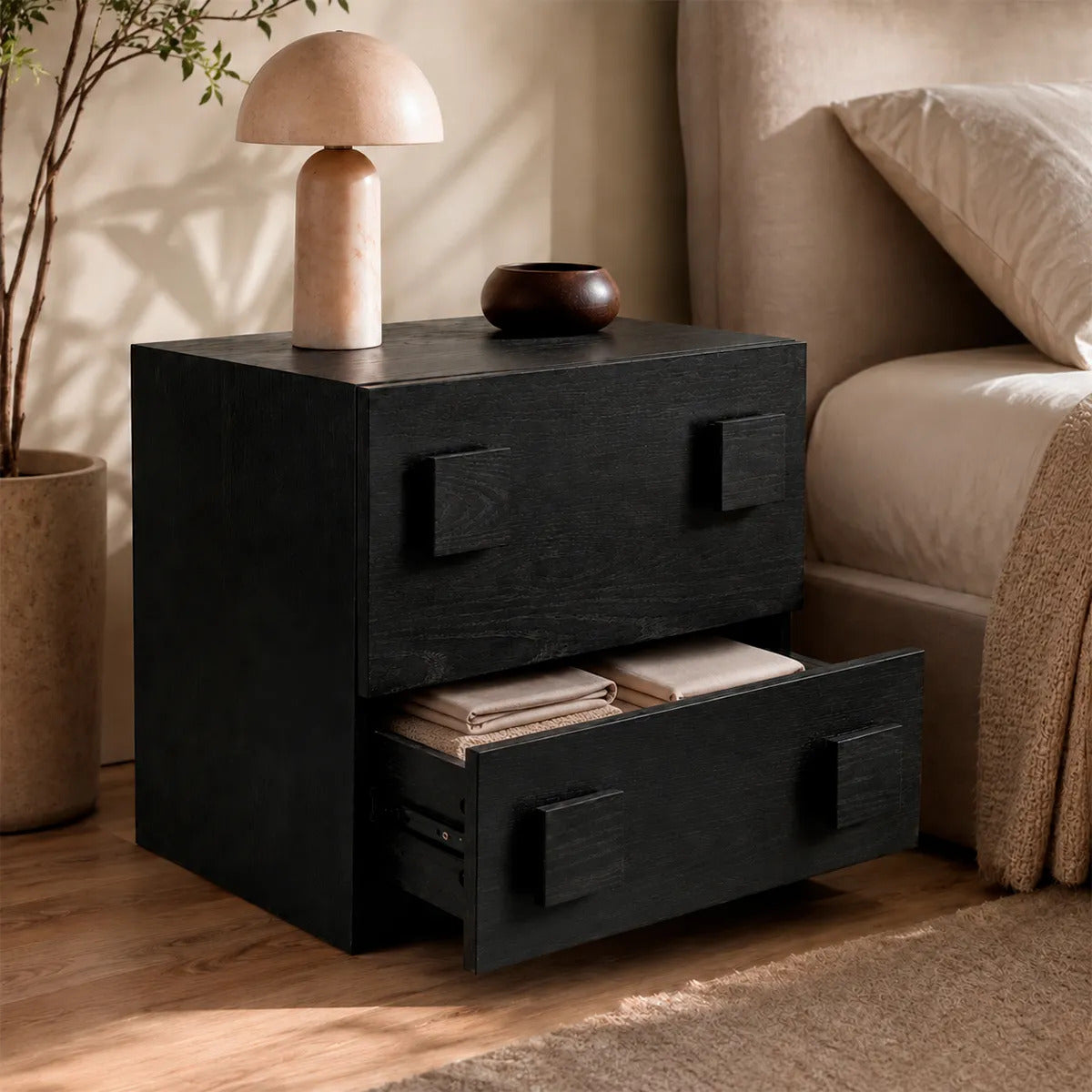 Mesa De Noche Negra Con 2 Cajones Estilo Contemporáneo