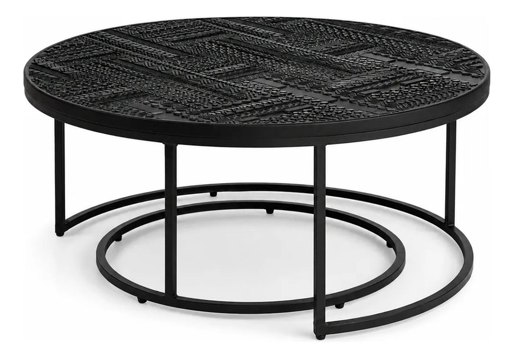 Set 2 Mesas Auxiliares Grabadas Color Negro Rustico Elegante