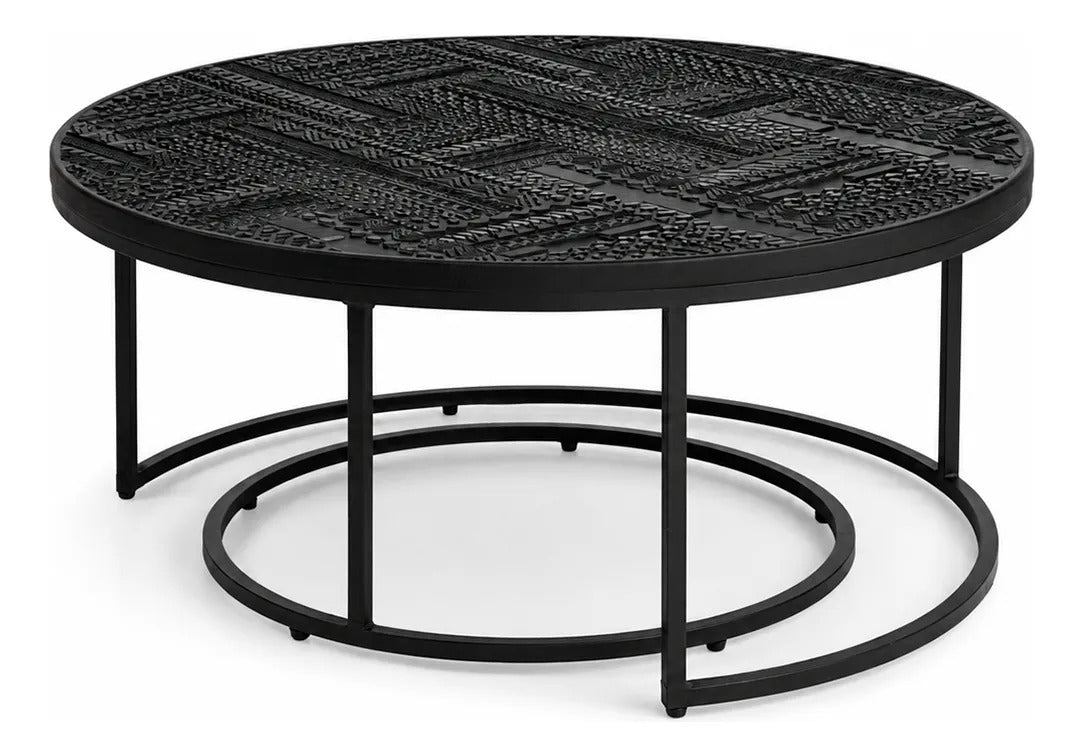 Set 2 Mesas Auxiliares Grabadas Color Negro Rustico Elegante