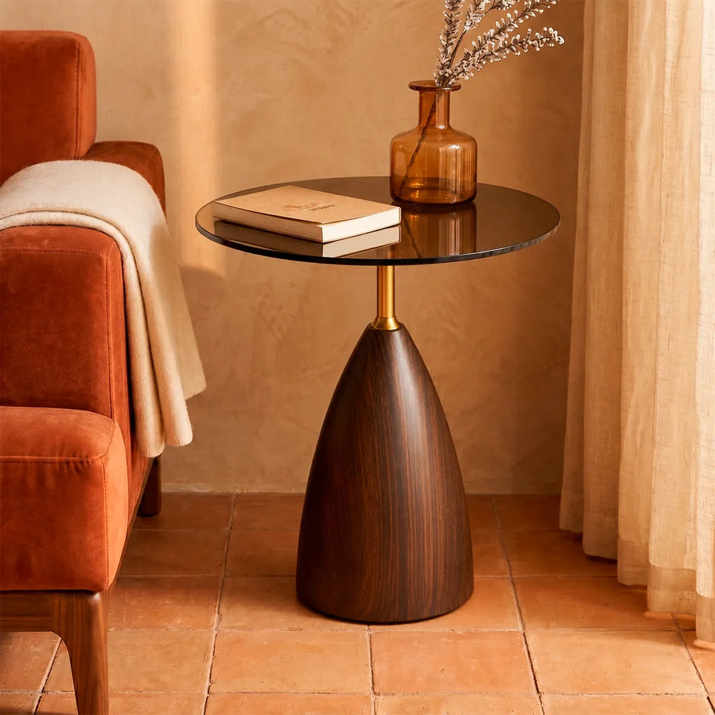 Mesa Lateral De Cristal Ahumado Y Madera Soporte Dorado