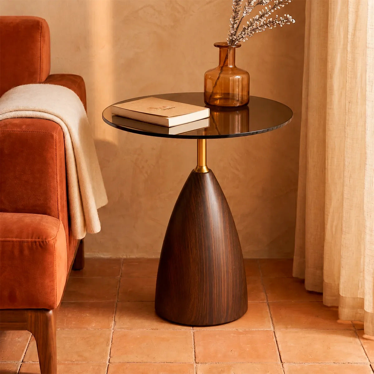 Mesa Lateral De Cristal Ahumado Y Madera Soporte Dorado