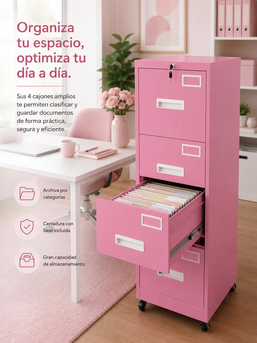 Archivero Metálico Rosa 4 Cajones Con Ruedas Para Oficina