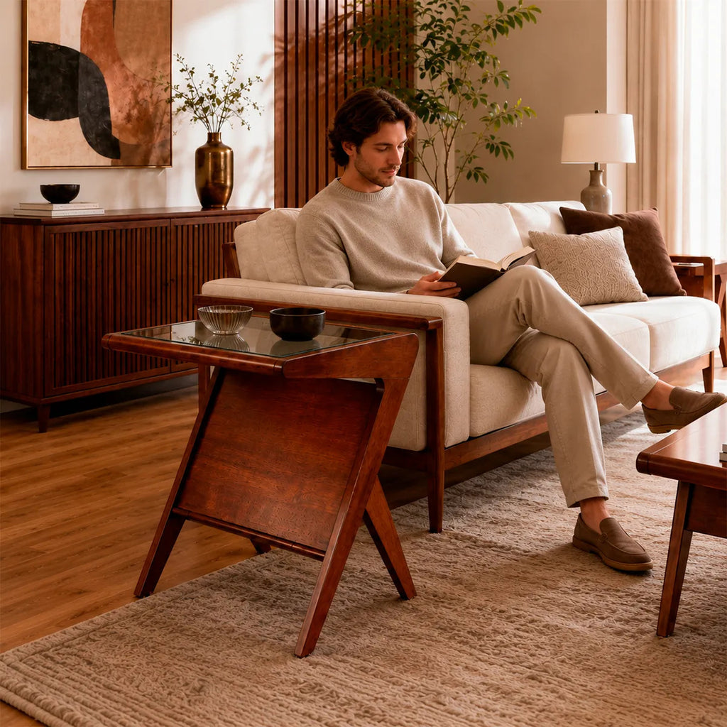 Mesa Auxiliar Moderna De Madera Con Cubierta De Vidrio