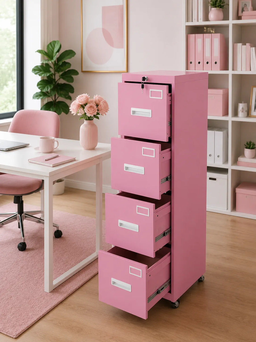 Archivero Metálico Rosa 4 Cajones Con Ruedas Para Oficina