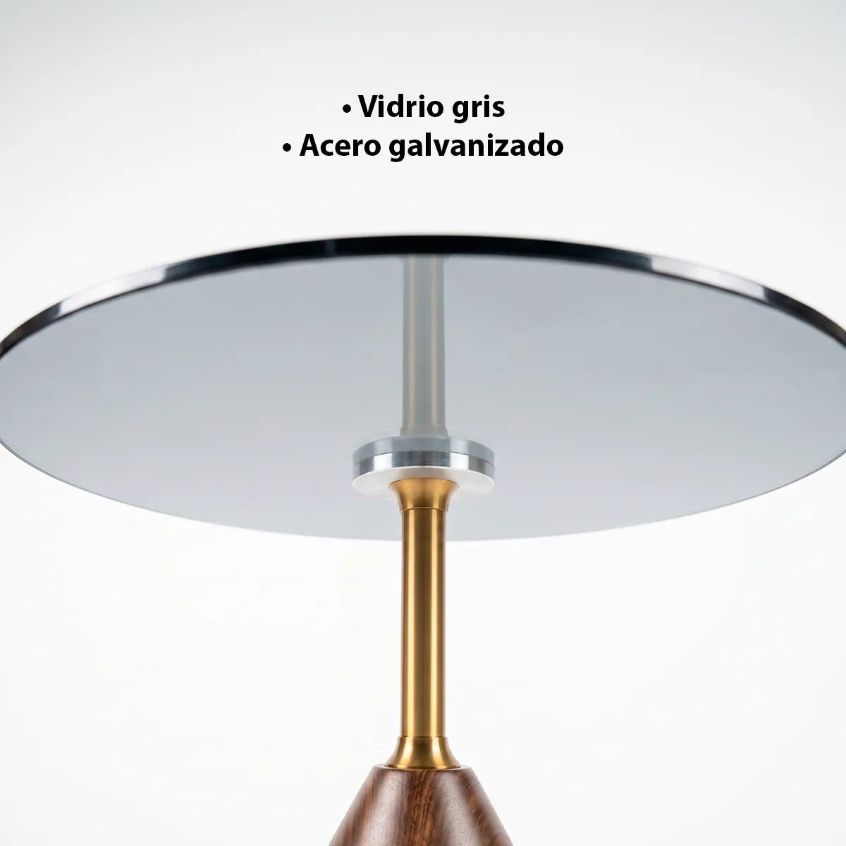 Mesa Lateral De Cristal Ahumado Y Madera Soporte Dorado