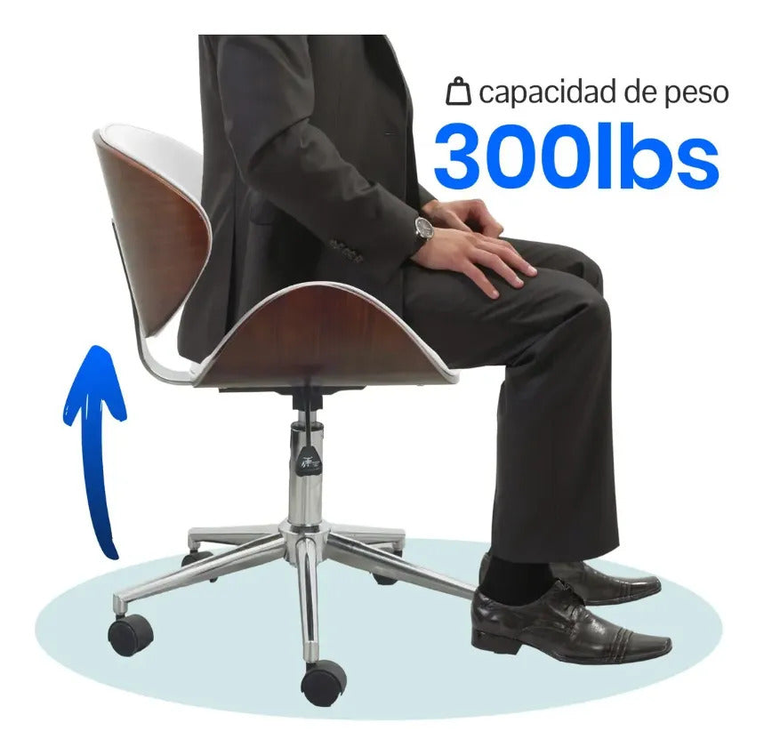 Silla Oficina 2 Pz Moderna Giratoria Respaldo Madera Cromada