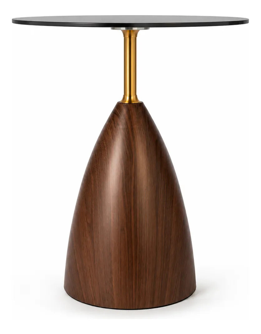 Mesa Lateral De Cristal Ahumado Y Madera Soporte Dorado