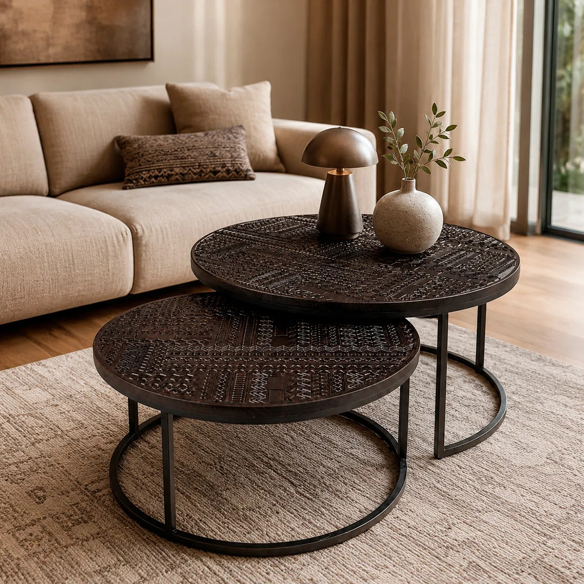 Set 2 Mesas Auxiliares Grabadas Color Negro Rustico Elegante