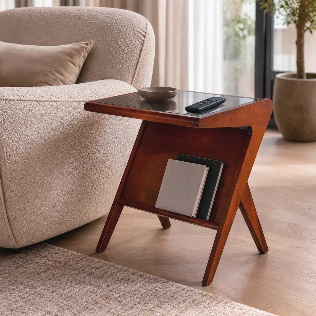 Mesa Auxiliar Moderna De Madera Con Cubierta De Vidrio