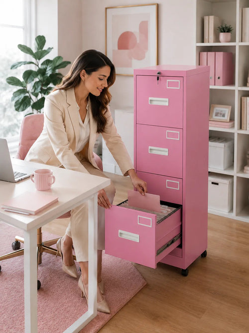 Archivero Metálico Rosa 4 Cajones Con Ruedas Para Oficina