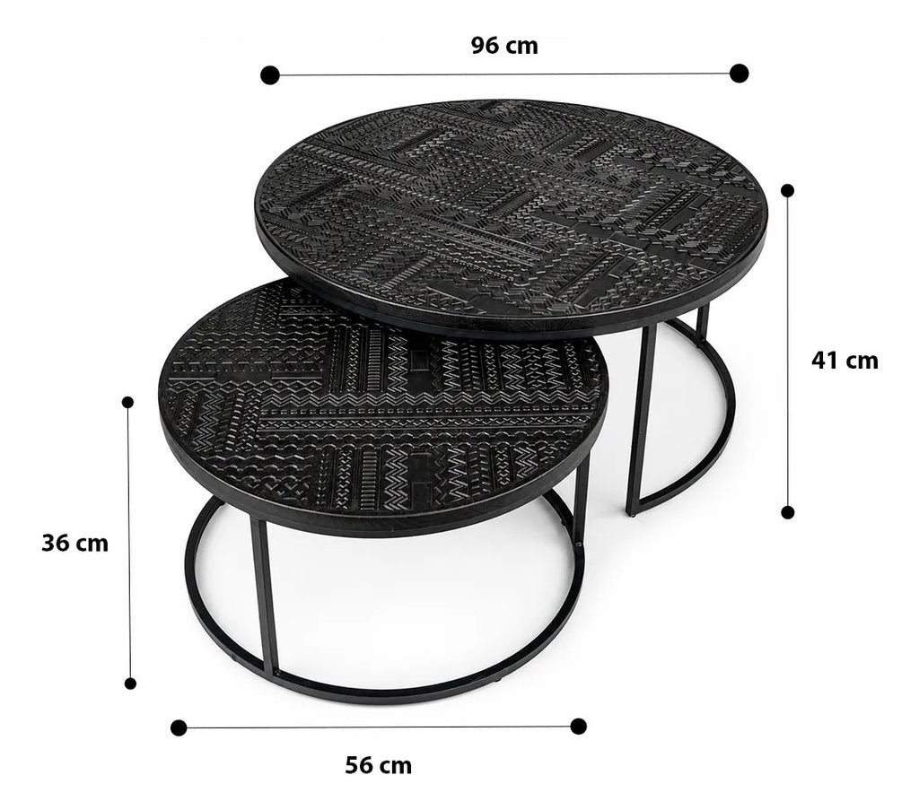 Set 2 Mesas Auxiliares Grabadas Color Negro Rustico Elegante