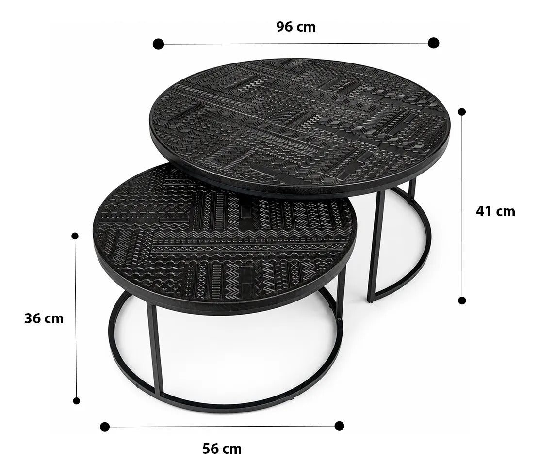 Set 2 Mesas Auxiliares Grabadas Color Negro Rustico Elegante