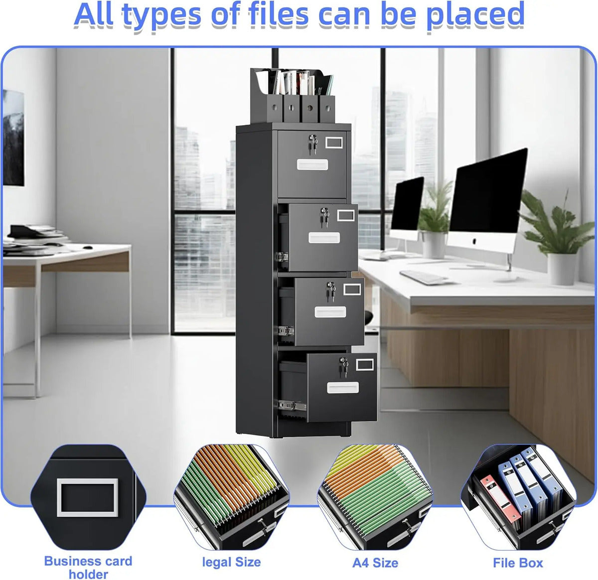 Archivero 4 Cajones Metal Negro Vertical Cierre Seguridad