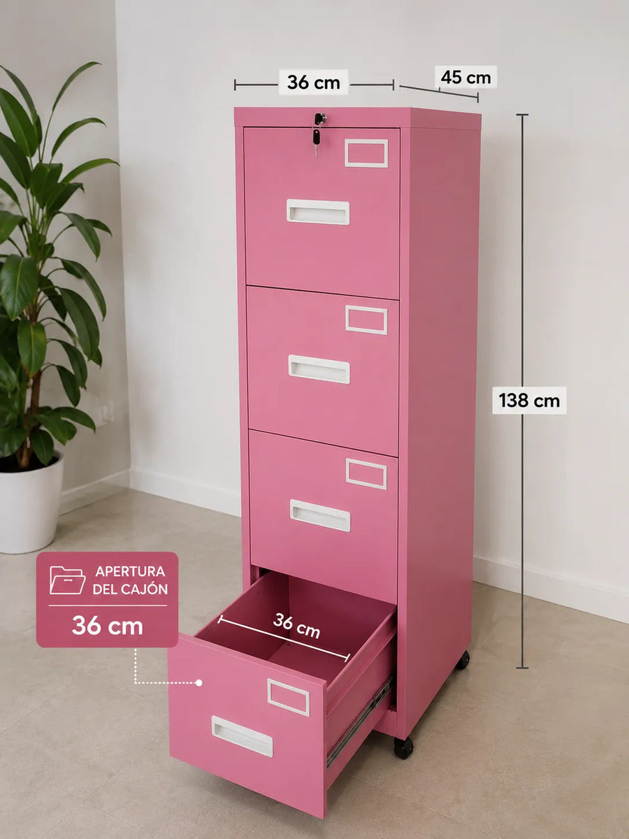 Archivero Metálico Rosa 4 Cajones Con Ruedas Para Oficina