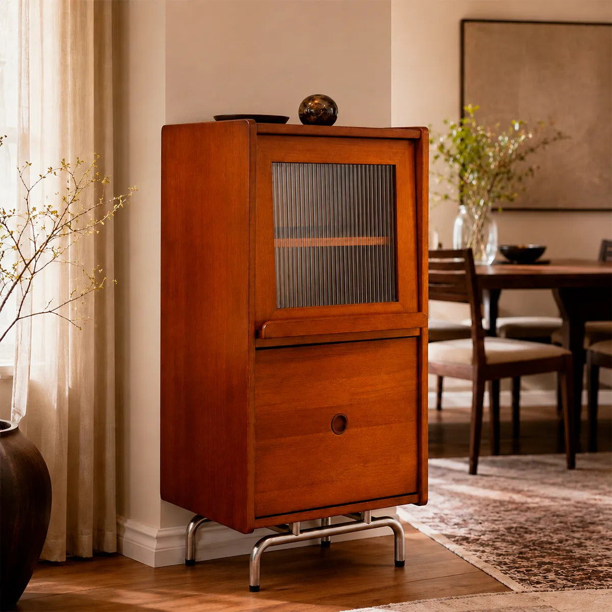 Bar Cabinet Vintage De Madera Puerta Cristal Cajón Moderna