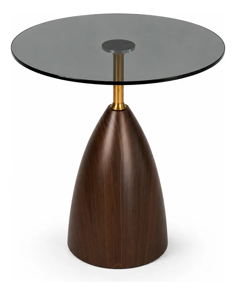 Mesa Lateral De Cristal Ahumado Y Madera Soporte Dorado