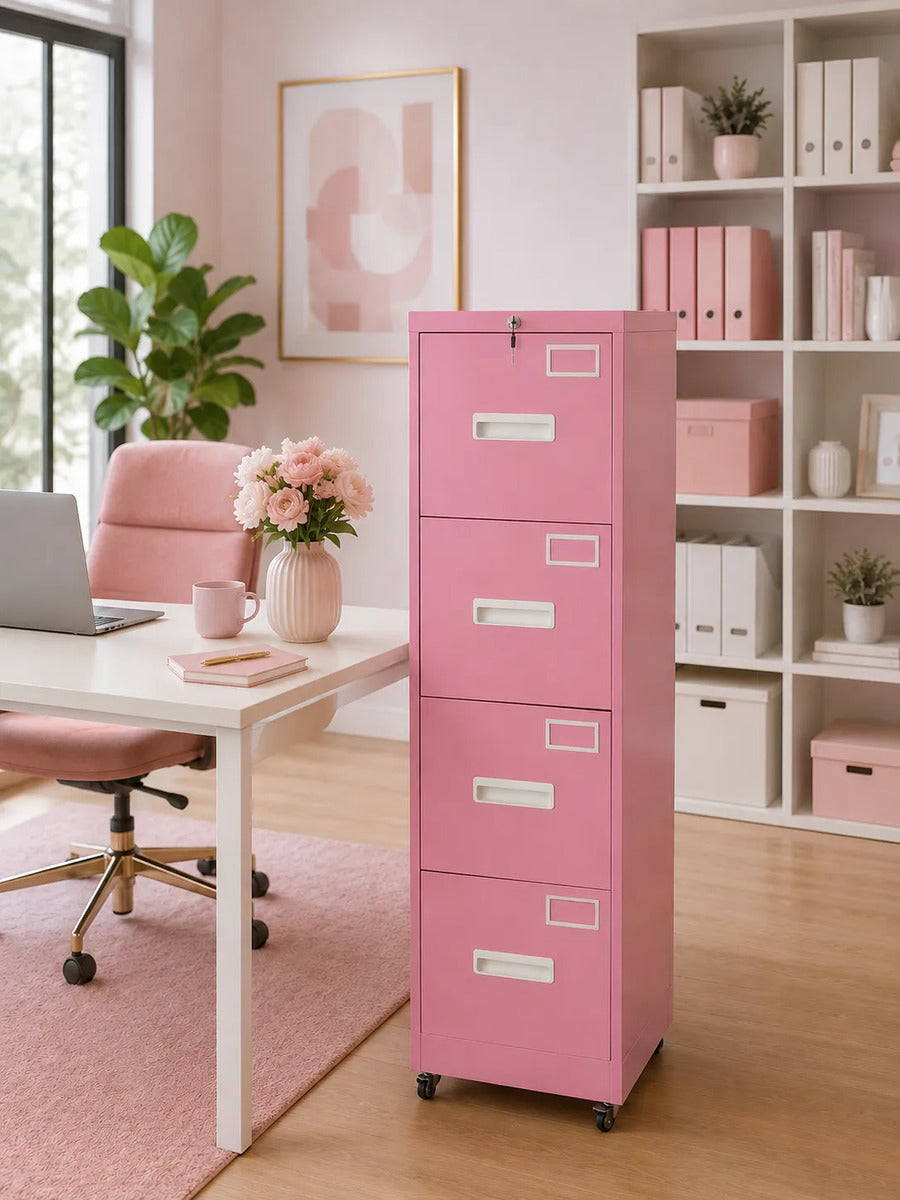 Archivero Metálico Rosa 4 Cajones Con Ruedas Para Oficina