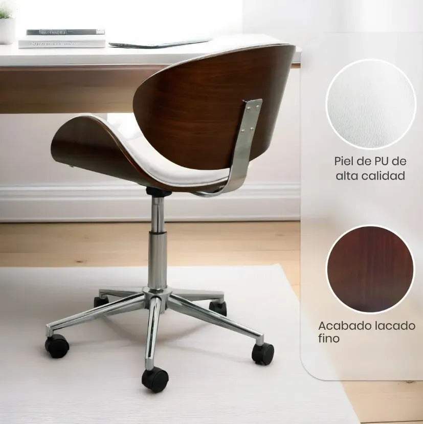 Silla Oficina 2 Pz Moderna Giratoria Respaldo Madera Cromada