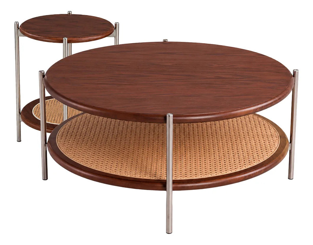 Mesa De Centro Redonda Madera Dos Niveles Tejido Pvc Chica