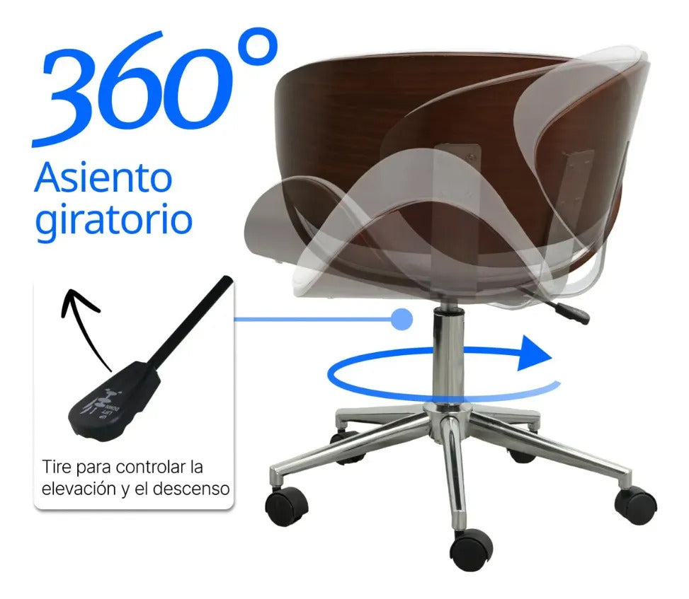 Silla Oficina 2 Pz Moderna Giratoria Respaldo Madera Cromada