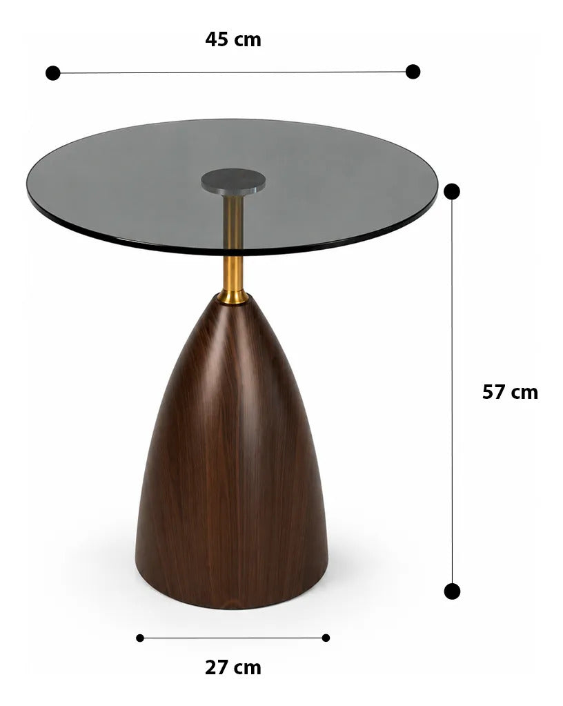 Mesa Lateral De Cristal Ahumado Y Madera Soporte Dorado