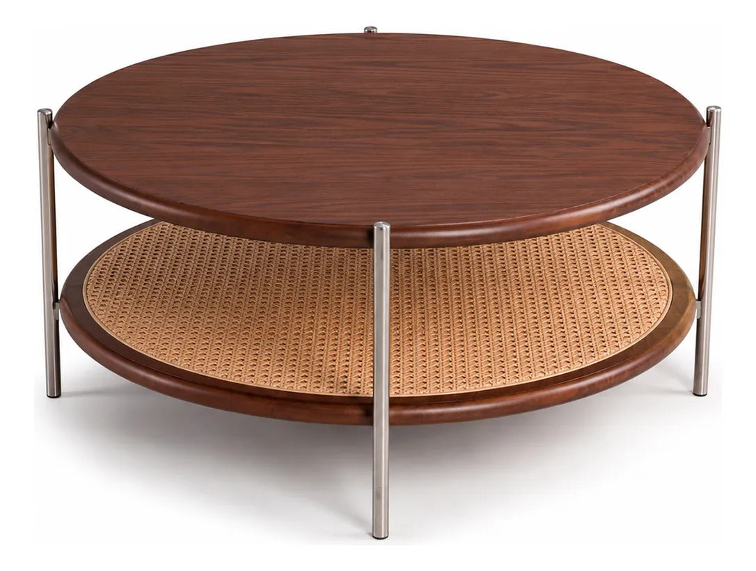 Mesa De Centro Redonda Madera Dos Niveles Tejido Pvc Grande