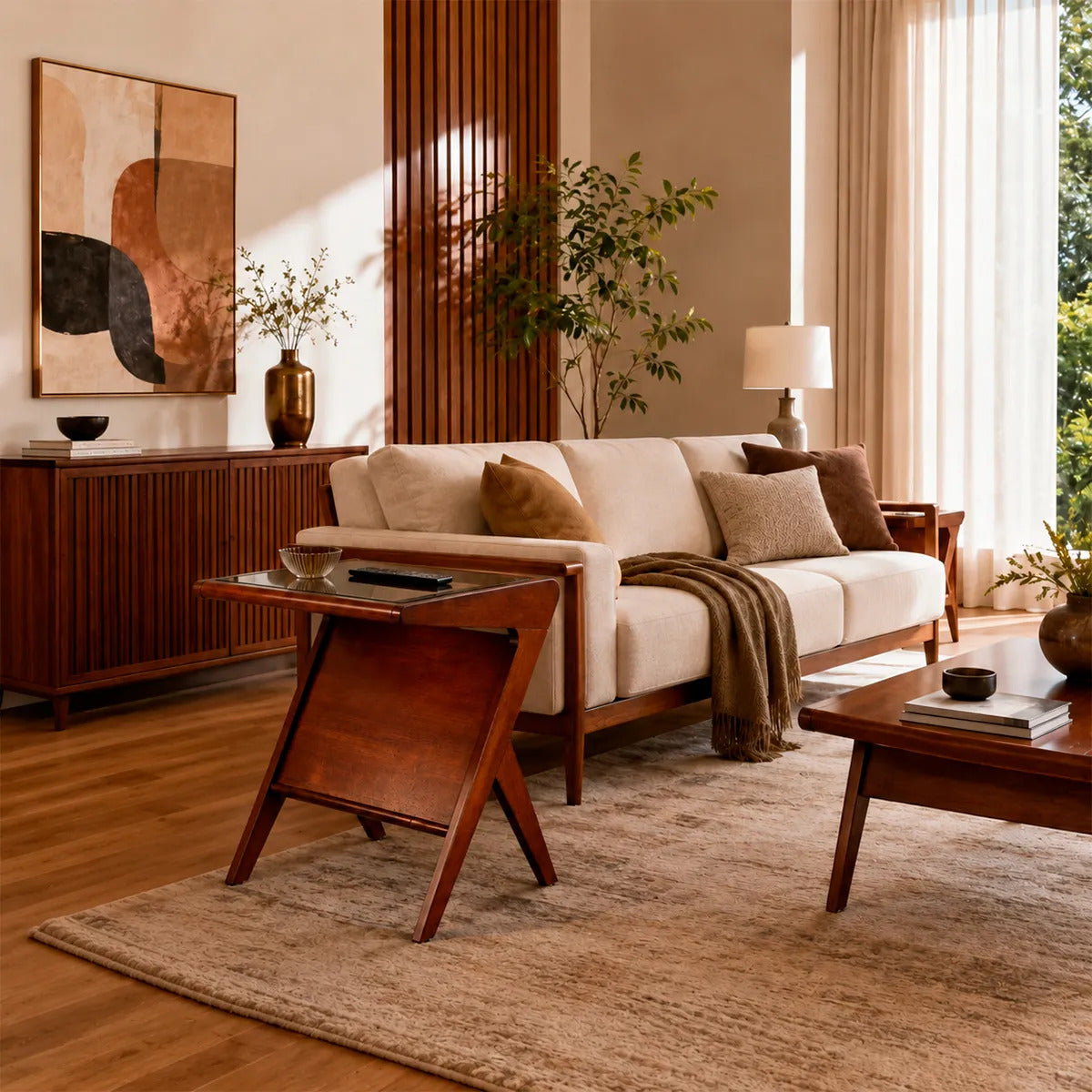 Mesa Auxiliar Moderna De Madera Con Cubierta De Vidrio