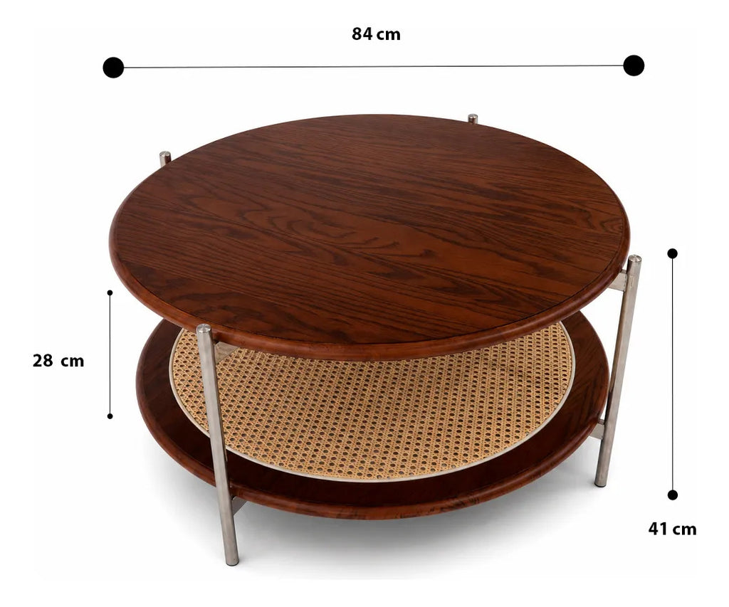 Mesa De Centro Redonda Madera Dos Niveles Tejido Pvc Grande