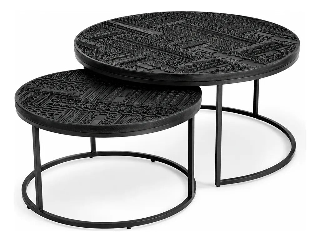 Set 2 Mesas Auxiliares Grabadas Color Negro Rustico Elegante