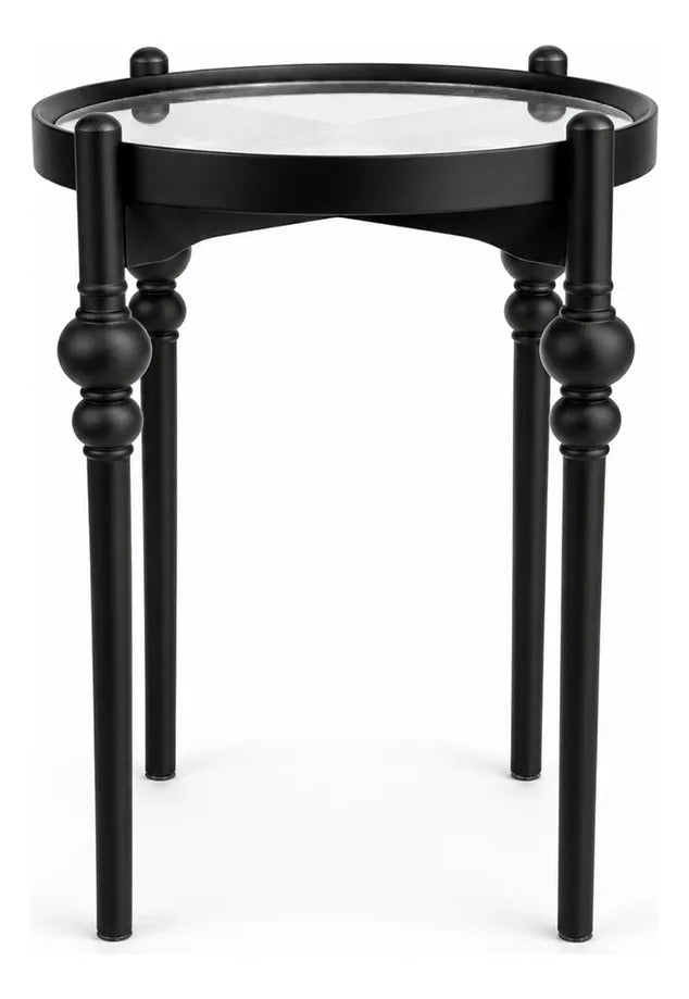 Mesa Vintage Madera Negra Vidrio Acanalado Redonda Elegante