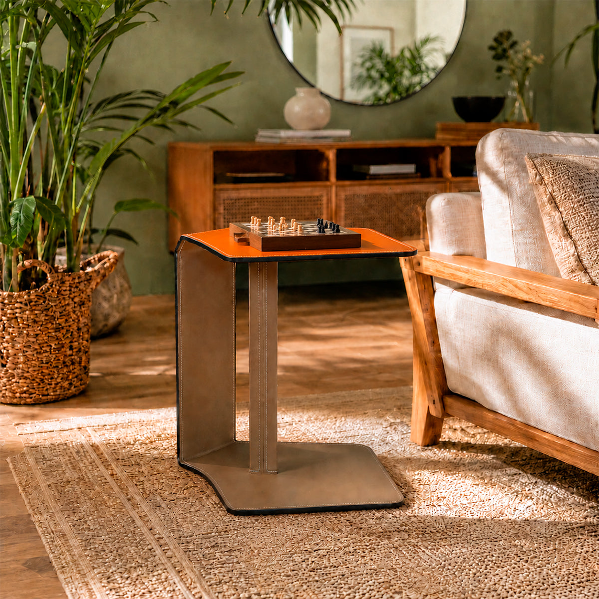 Mesa Lateral de Piel de Diseño Geométrico de Lujo Ligero, Mesa Auxiliar Tipo C Minimalista para Sala y Dormitorio