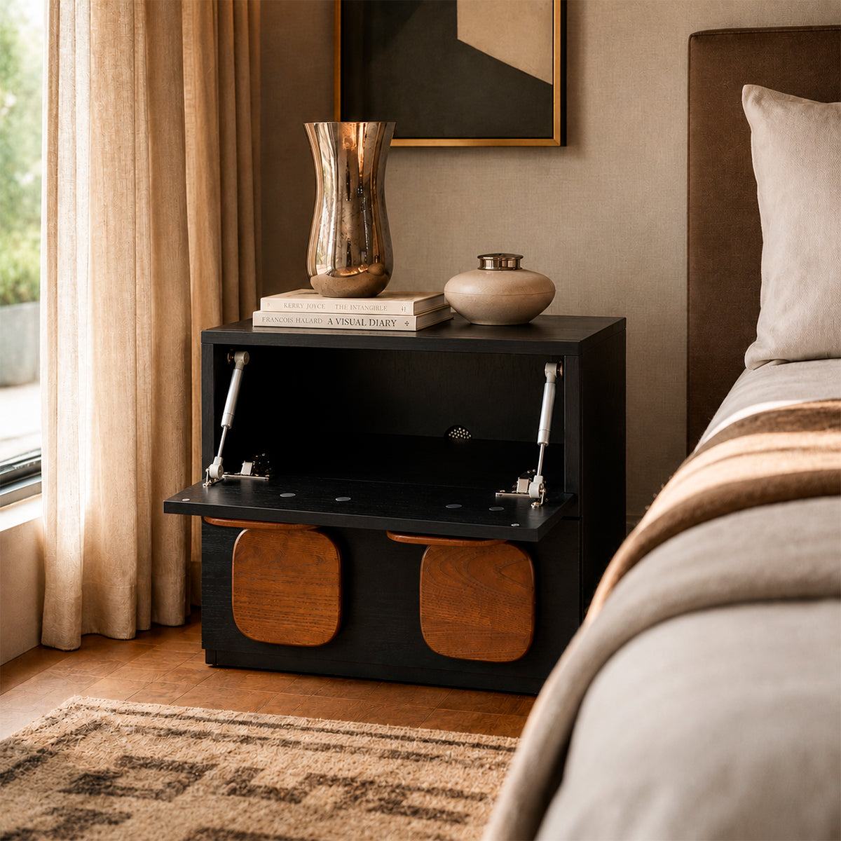 Mesa de Noche de Estilo Vintage con Dos Cajones, Gabinete de Almacenamiento para Dormitorio, Mueble Minimalista de Madera