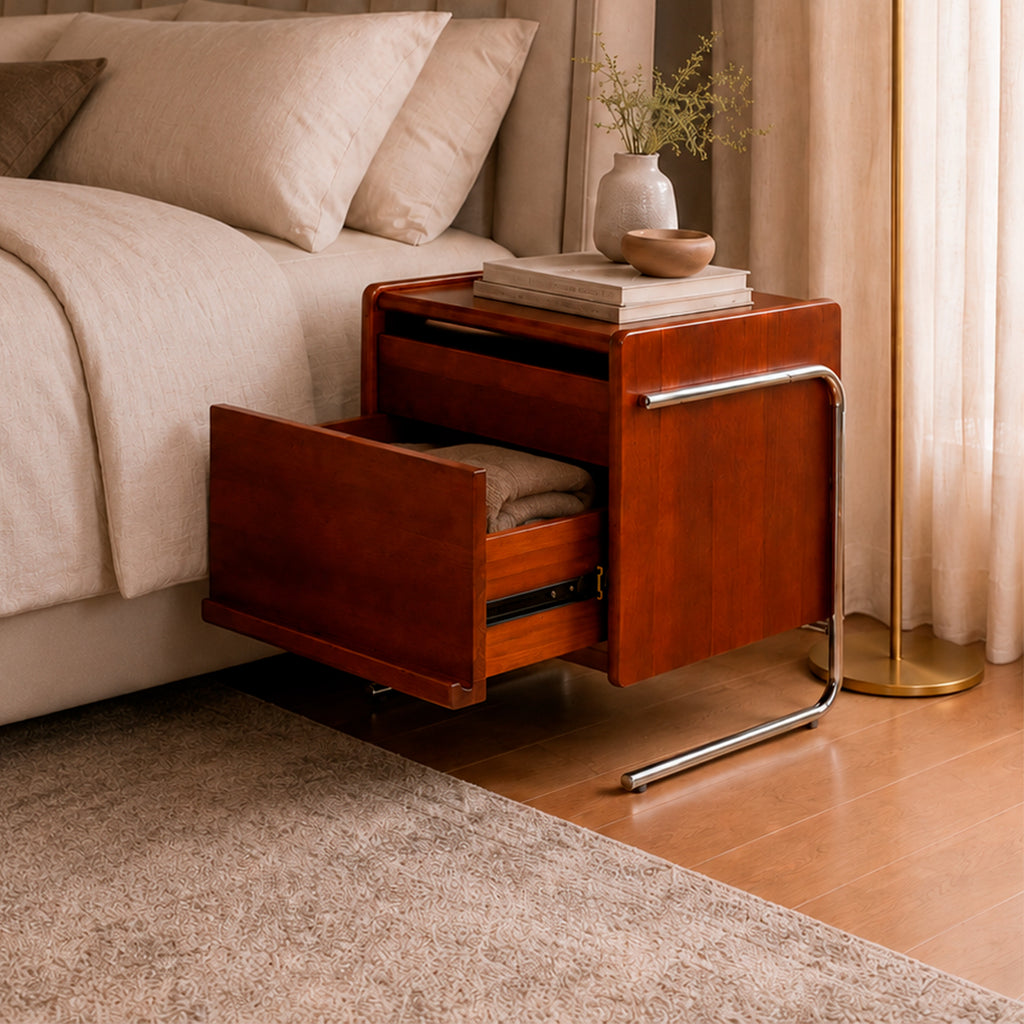 Mesita de Noche de Madera Maciza con Patas Metálicas y Repisa Abierta, Mesa Auxiliar para Recámara y Sala